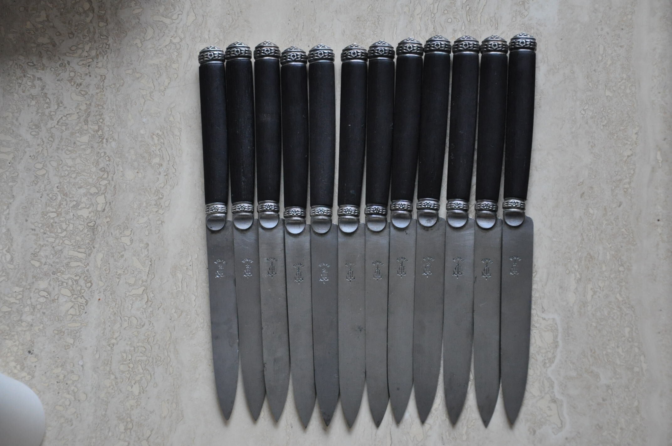 12 Antique silver ebony dessert knives
