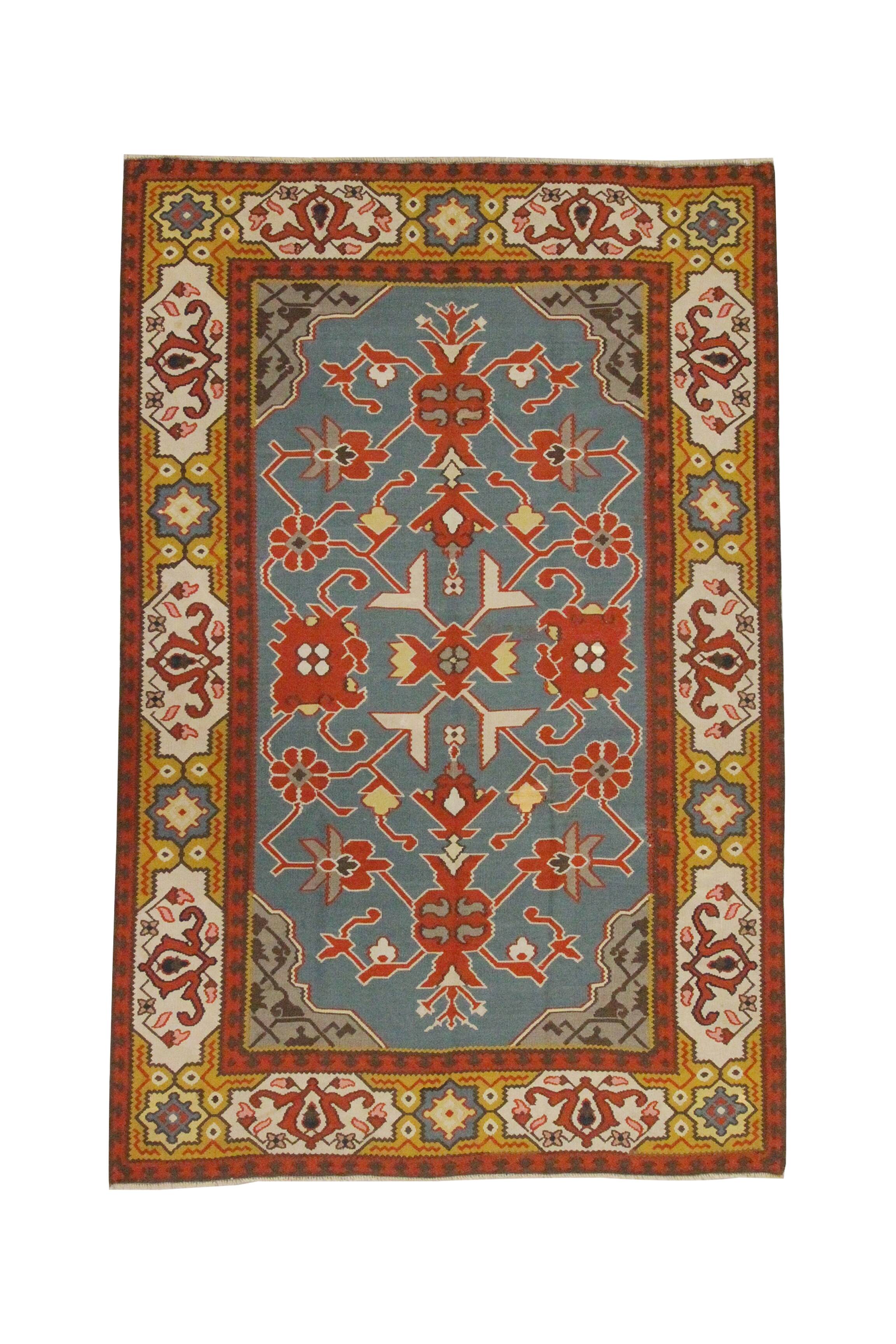 Tapis Kilim anatolien ancien, tapis tissé plat à motifs floraux turquoise, 133 x 200 cm