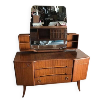 Vintage 1950s brown wooden dressing table with a double mirror and integrated storage.