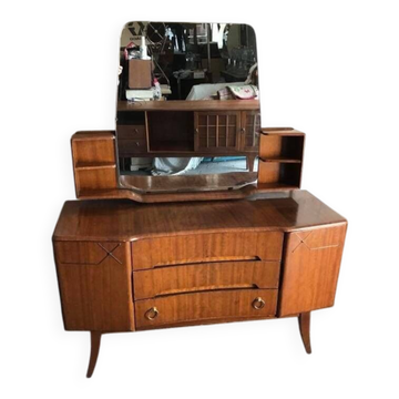 Coiffeuse vintage 1950s en bois marron avec miroir double et rangements intégrés