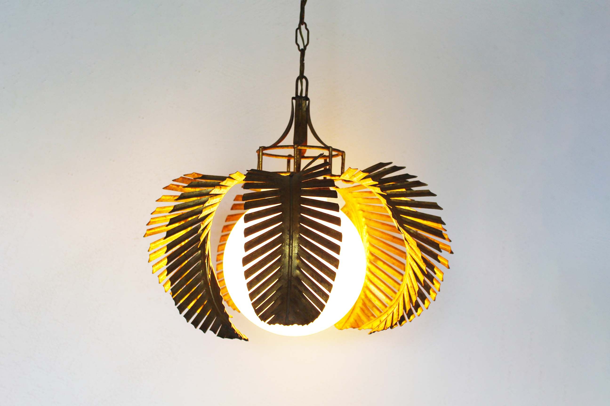 Gilt palm leaf and opaline glass pendant light by Hans Kögl