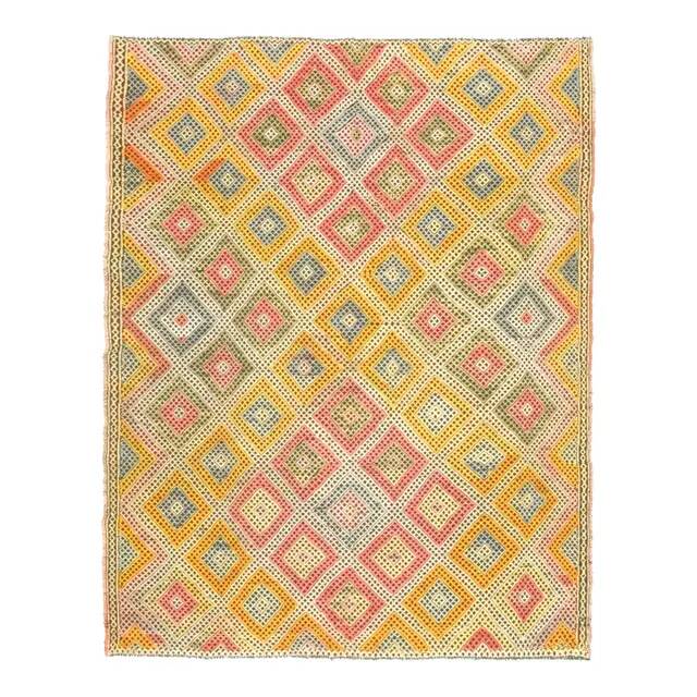 1970s Vintage Turkish Oushak Handmade Wool Cotton Yellow Runner Rug 158x201