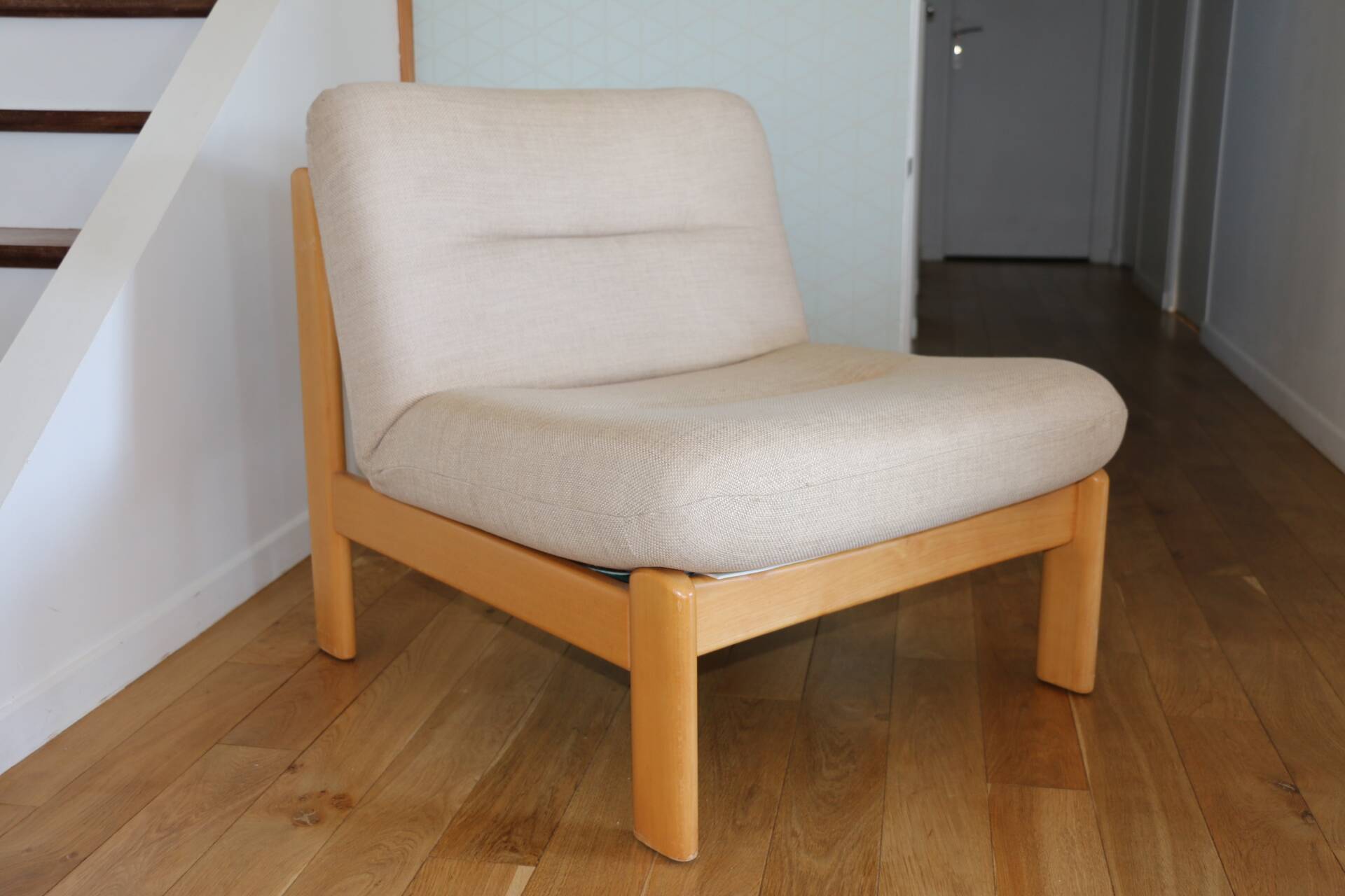 Pair of wood and fabric lounge chairs, 1980