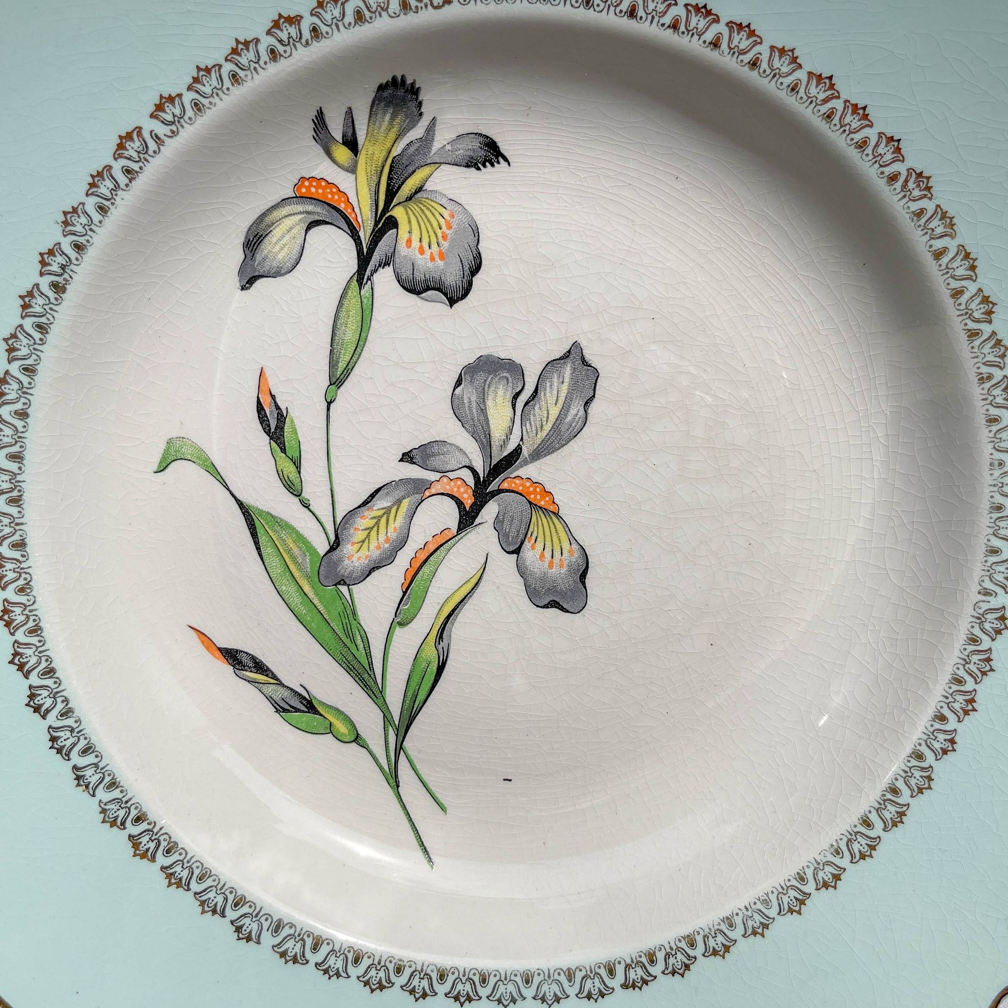 6 vintage white and green porcelain soup plates Iris Moulin des Loups "Sargosse" 1950s