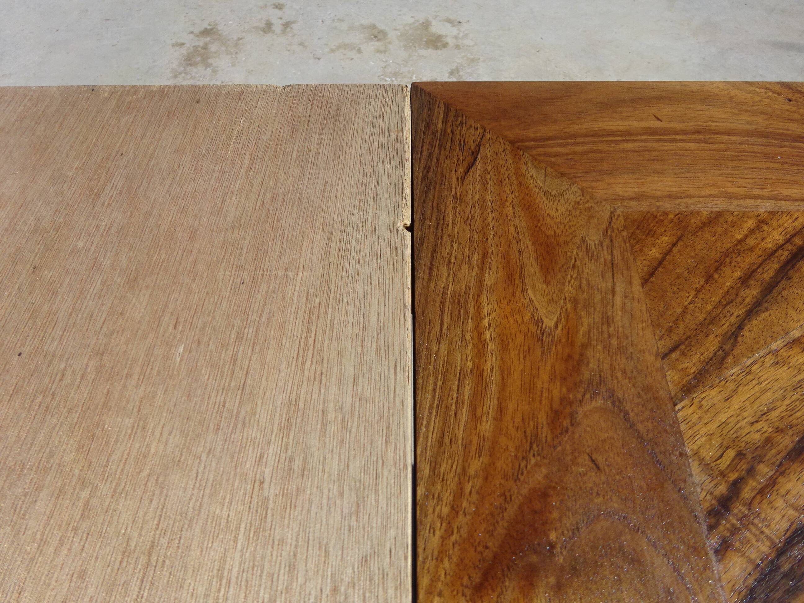Antique solid walnut table with marquetry and extensions.