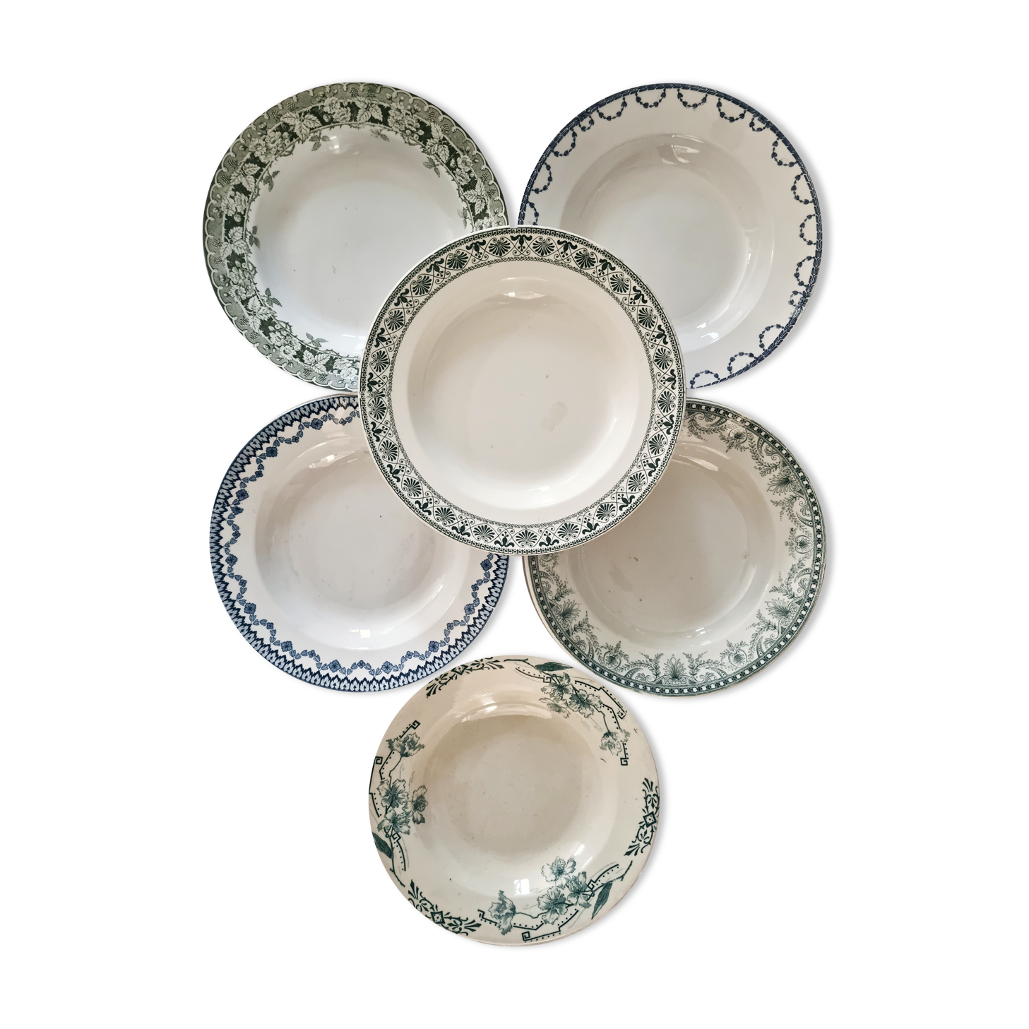 Set of 6 hollow plates earth of iron mismatched