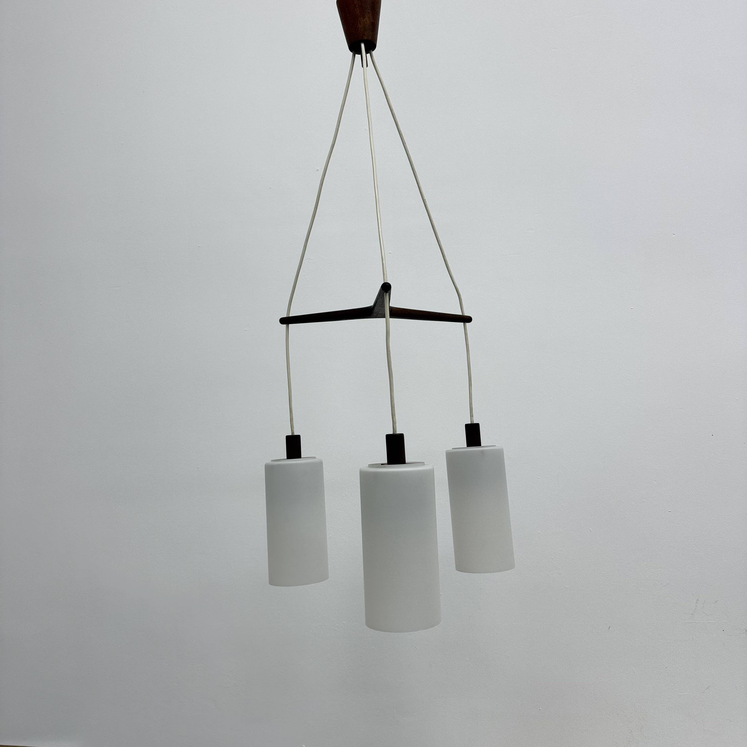Mid-century design pendant lamp teak and opaline glass, 1970s
