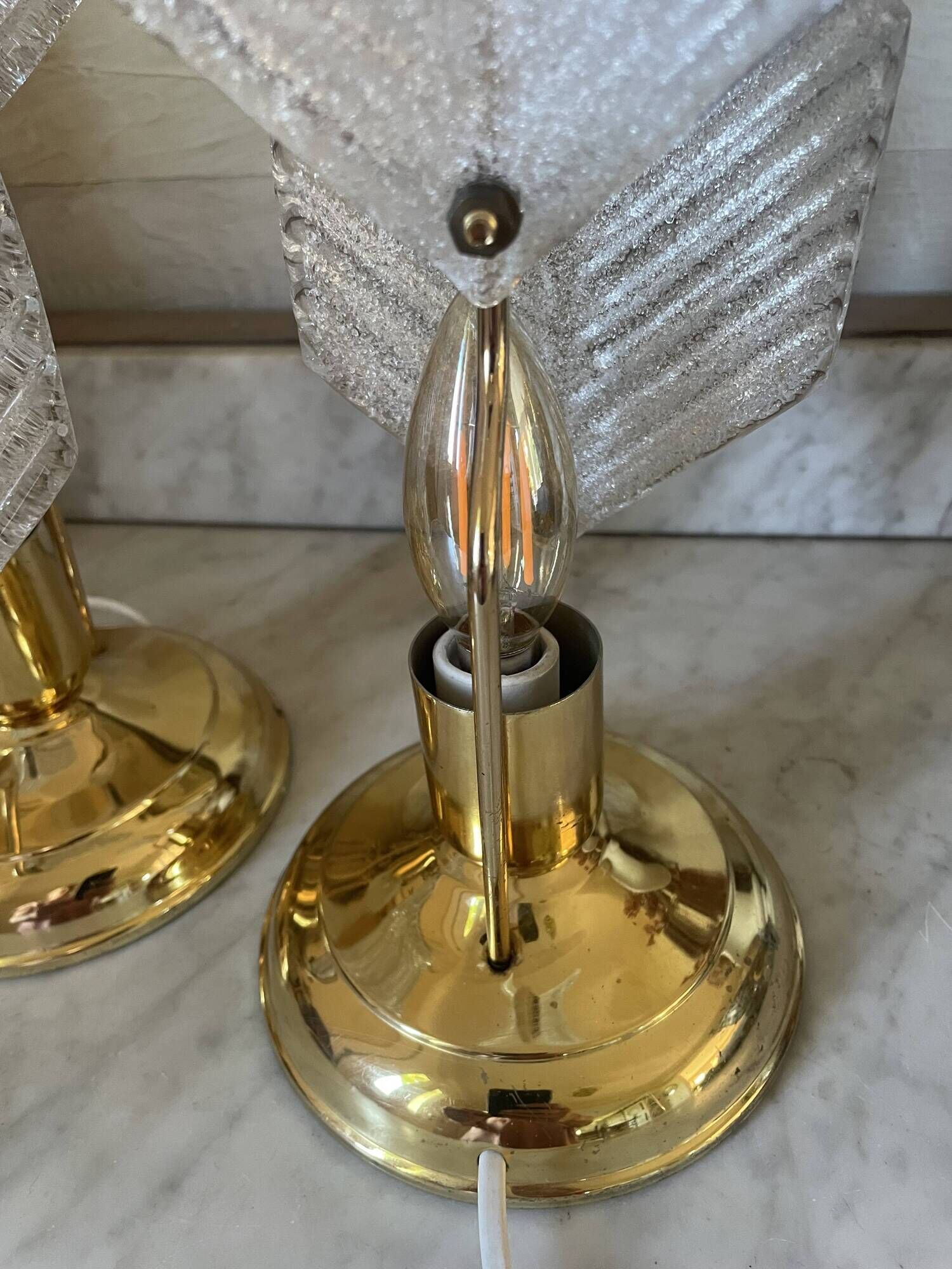 Paire de lampes métal doré et verre texturé, Mirasluz, 70’s