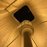 Beige marble stucco base, Houles white ecru fringed lampshade.