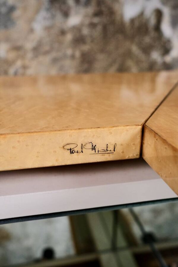 Table basse bar en loupe de frêne, Paul Michel pour Roche Bobois, 1980s