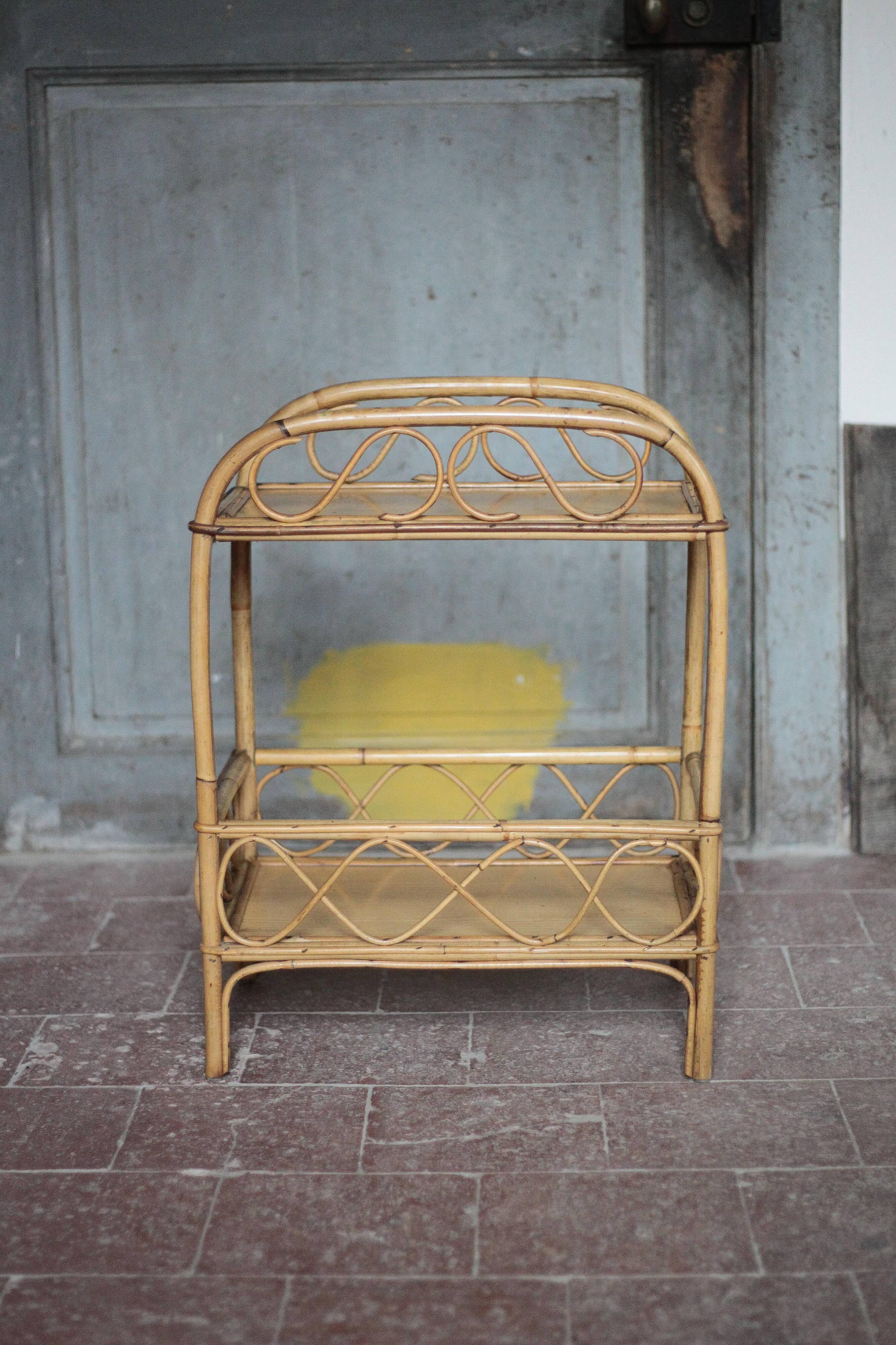 Vintage rattan serving table, two-tier side table.