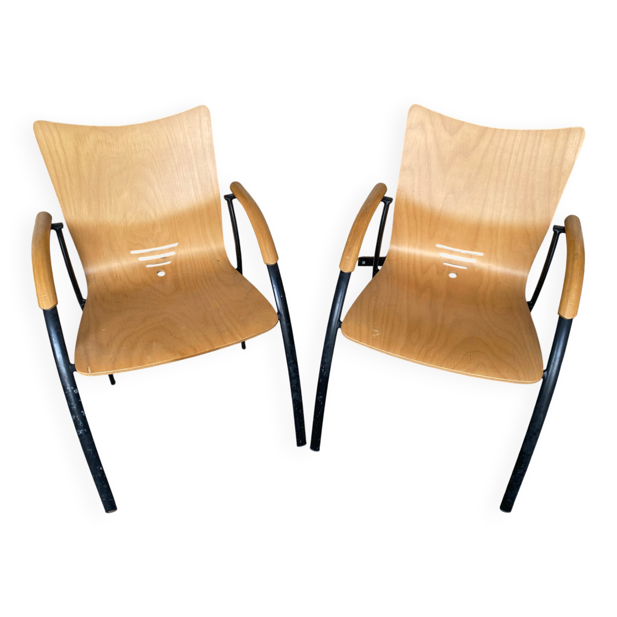 Pair of Vintage RONÉO Armchairs with Black Metal Legs + Curved Wooden Shell