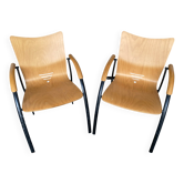 Paire fauteuil ancien ronéo pieds métal noir + coque cintrée bois vint