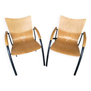 Paire fauteuil ancien ronéo pieds métal noir + coque cintrée bois vint