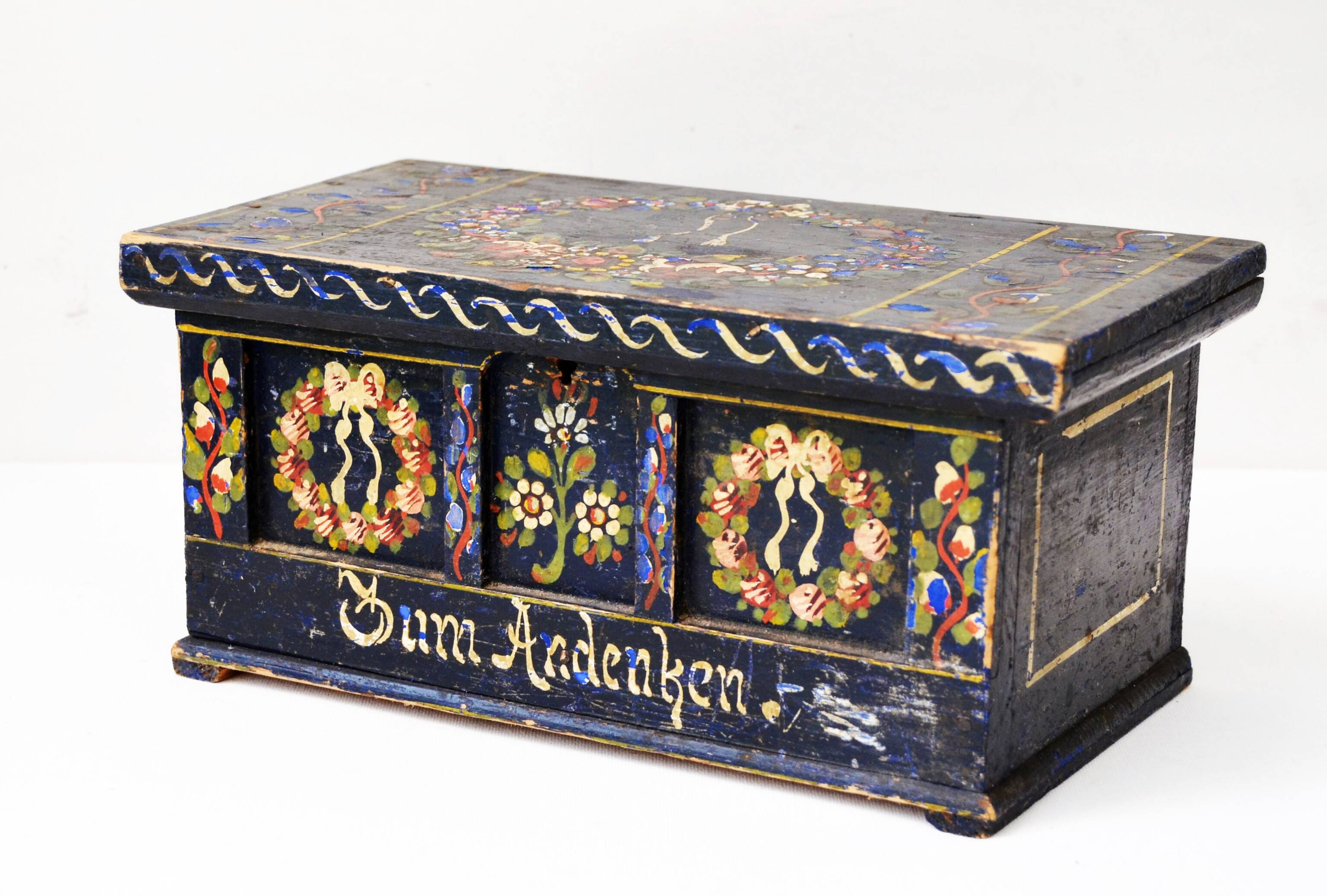 Coffret en bois peint à la main, art populaire antique, mariée, fin du 19e siècle
