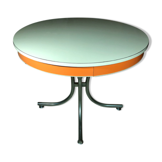 Round table in white formica orange headband and chrome foot diameter 96 cm