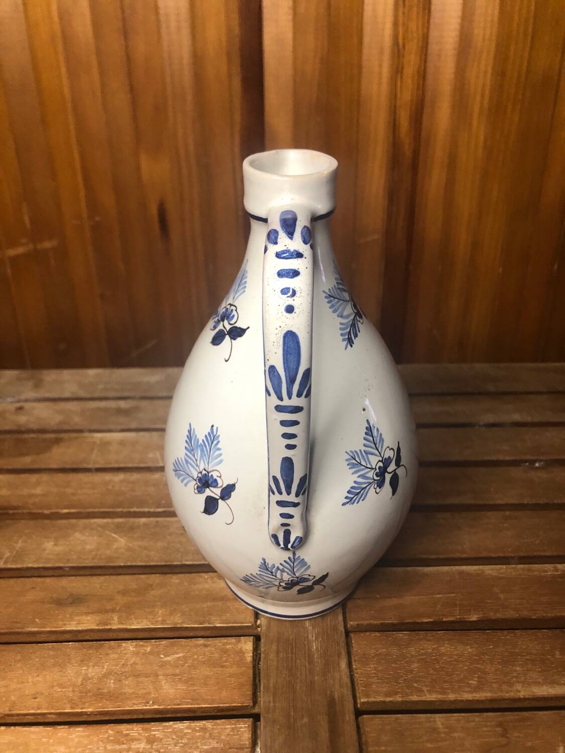 Old white ceramic pitcher vintage painted blue decor #a425