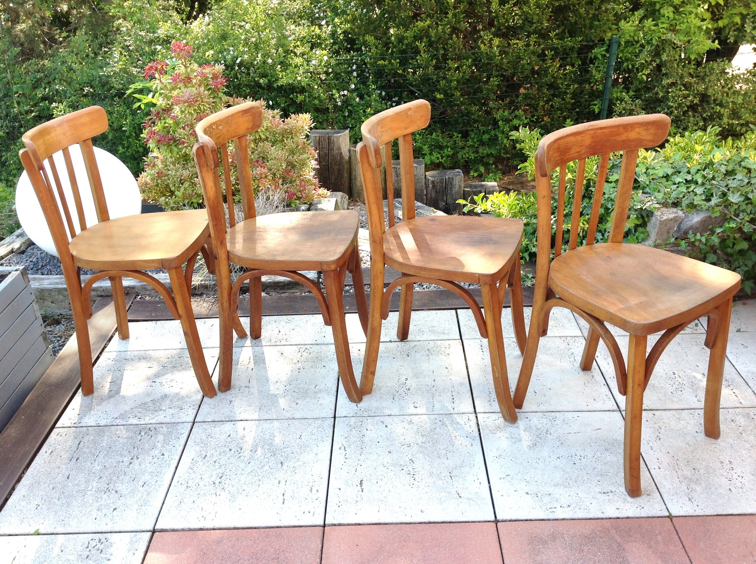 Suite of four foot bistro chairs with hoops / vintage 40s-50s