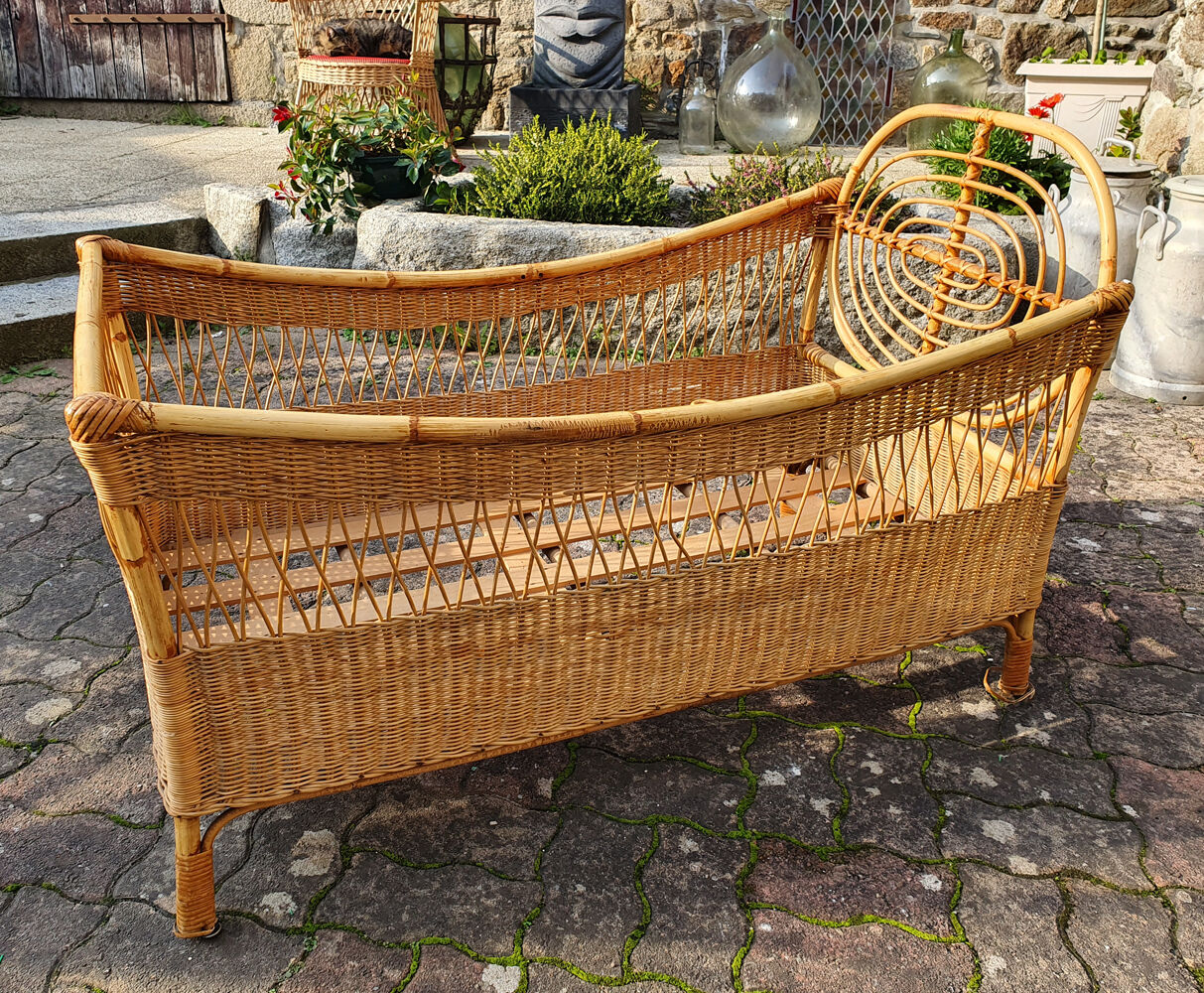 Lit bébé bambou et rotin, vintage années 60