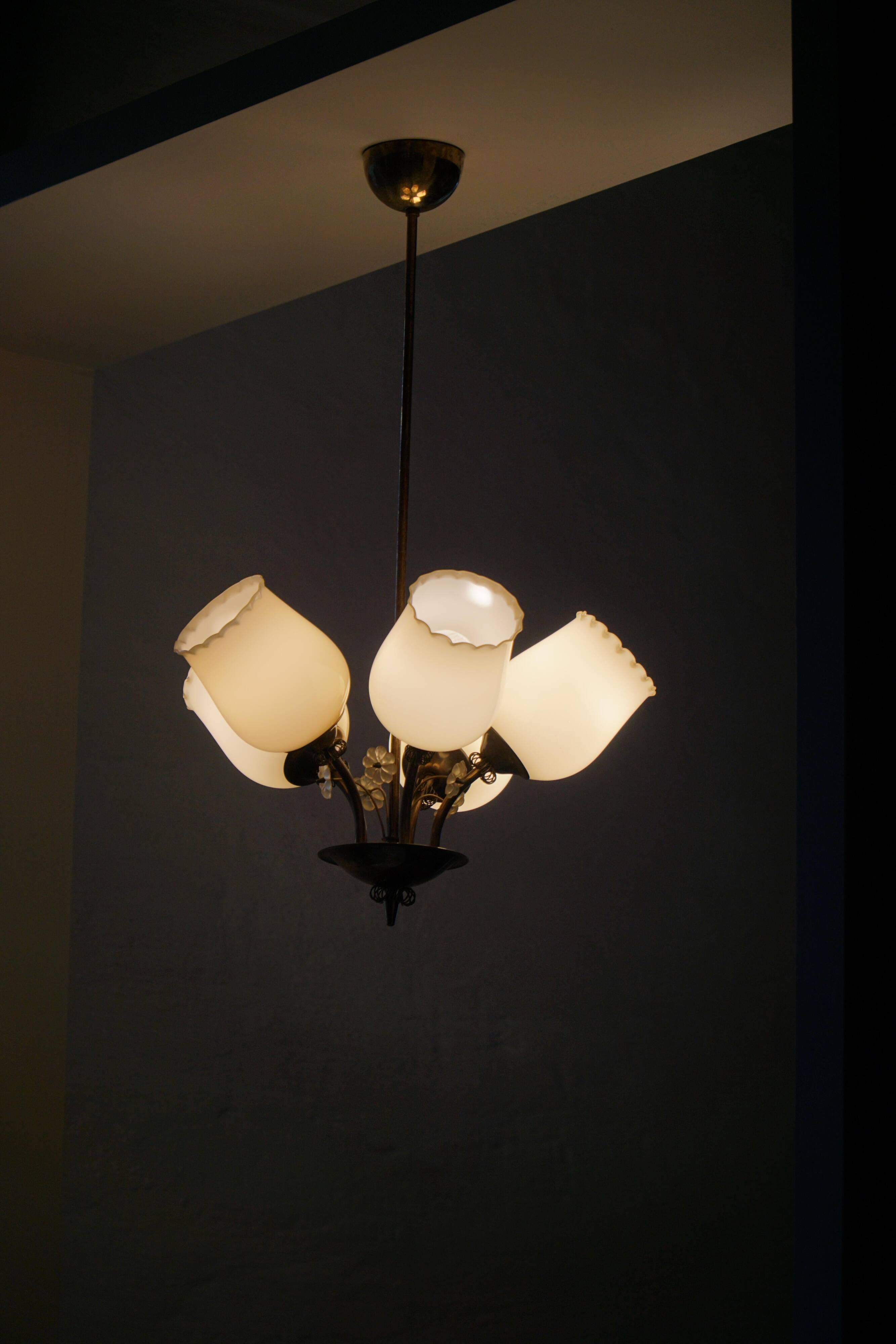 Brass and Glass Mid-Century Chandelier by Itsu, Finland, 1950s