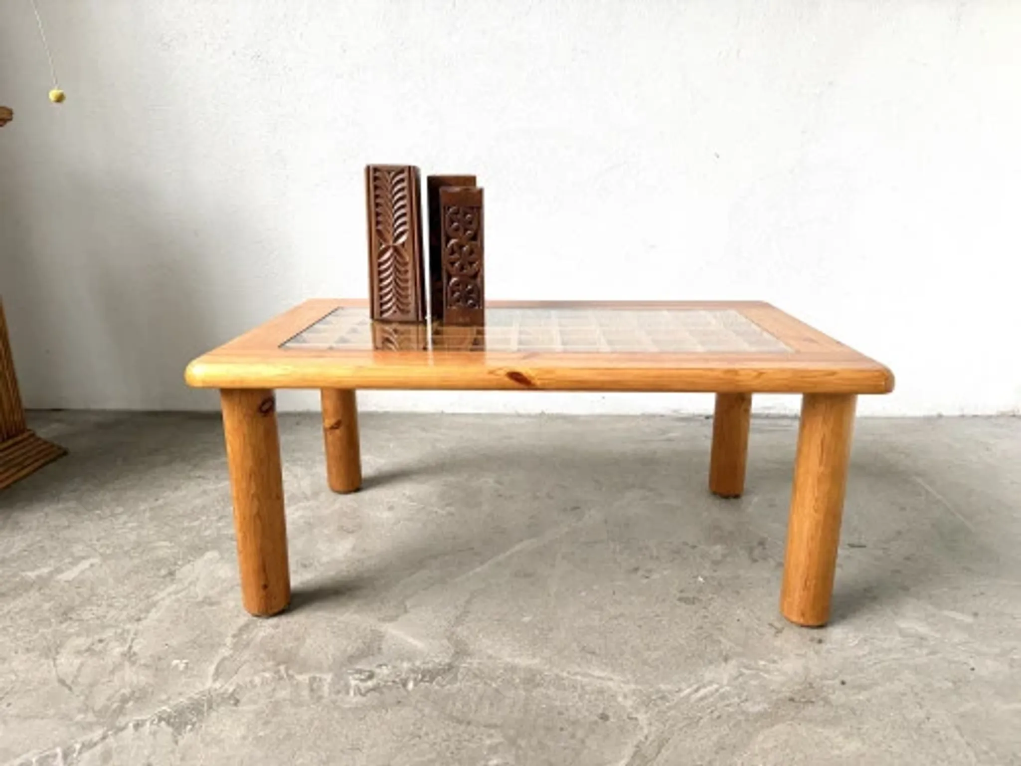 Scandinavian coffee table in solid pine and glass, 1970s