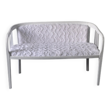 Art Nouveau bench in painted white wood and faux fur fabric, 1940s, 2-seater.