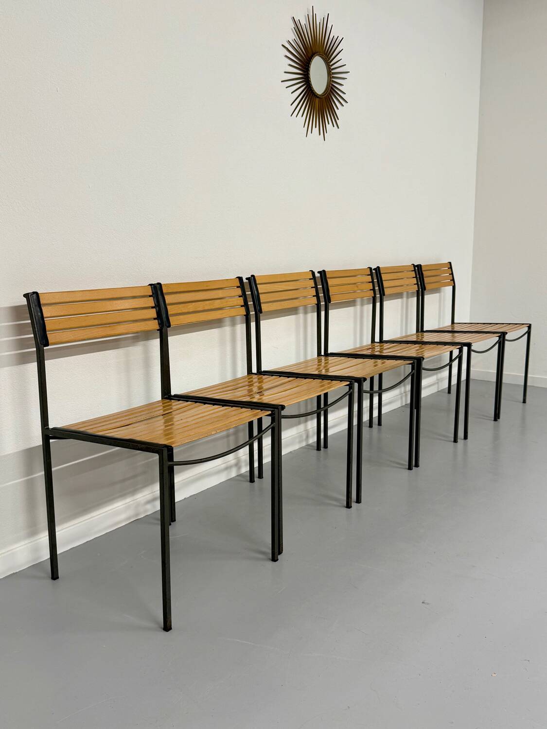 6 old metal and wood chairs, Italian design from the 80s, vintage