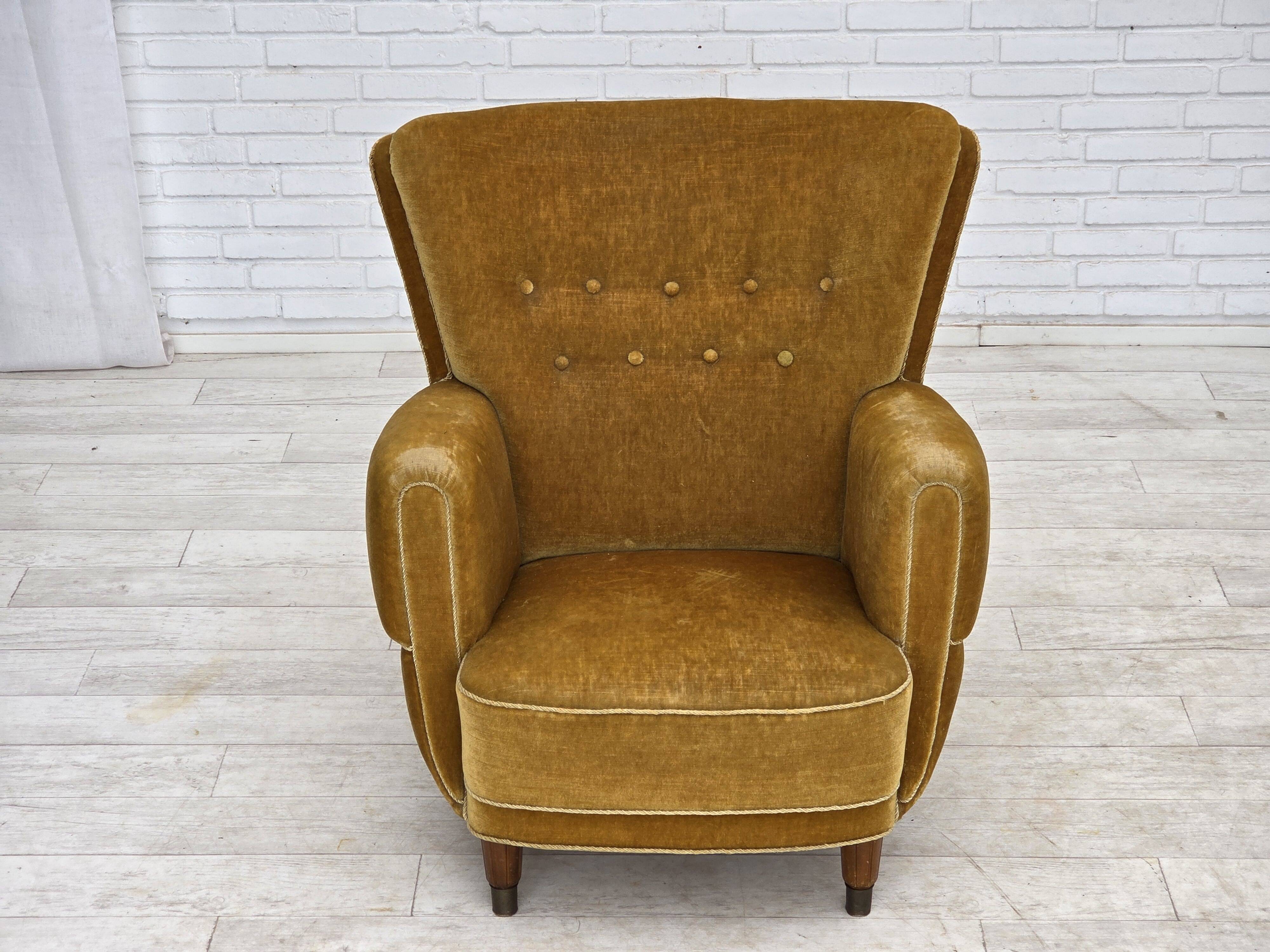 1960s, Danish relax chair, original honey yellow furniture velour.
