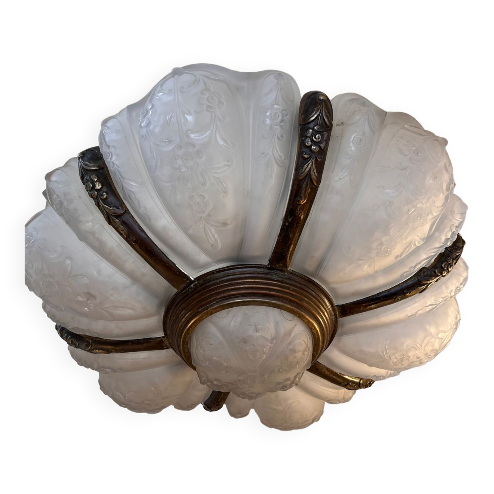 Art Deco chandelier 6 plates pressed glass bronze