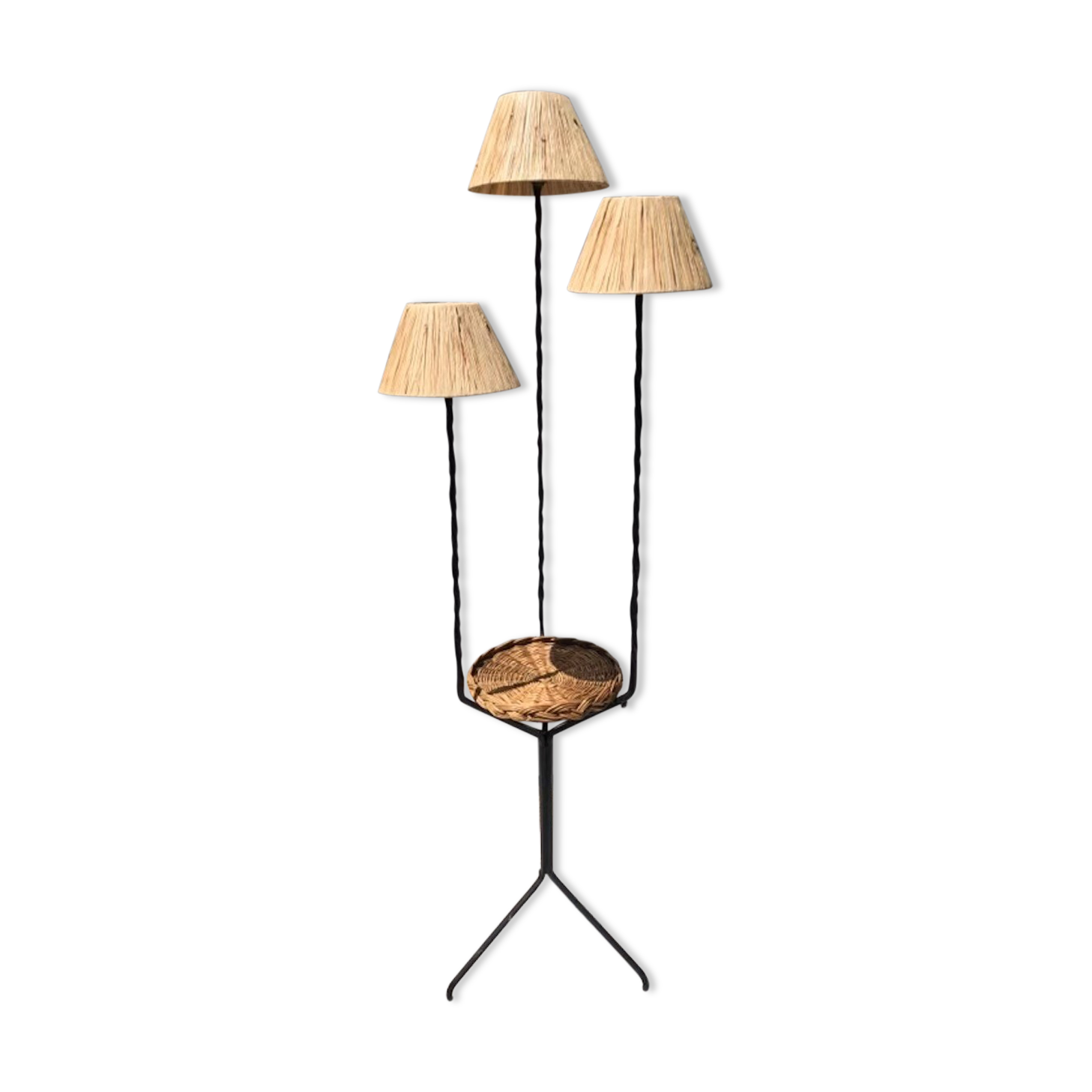 Living room lamp in metal and wicker, raffia lampshade 1950