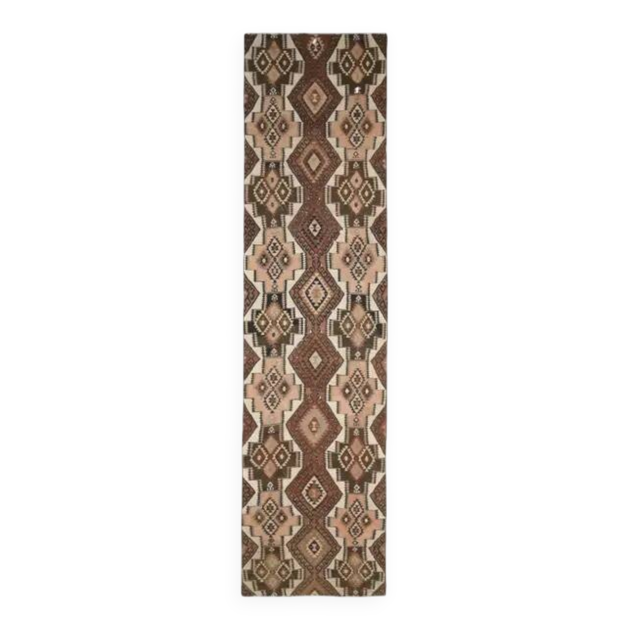 Vintage Turkish Handmade Wool Cotton Brown Kilim Runner 103x424