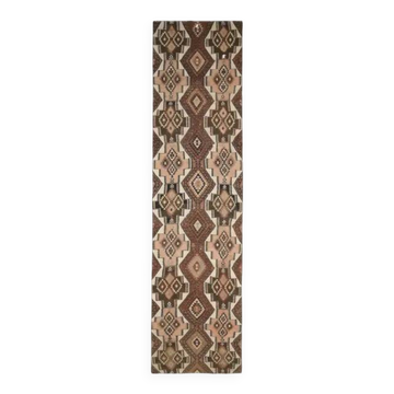 Vintage Turkish Handmade Wool Cotton Brown Kilim Runner 103x424