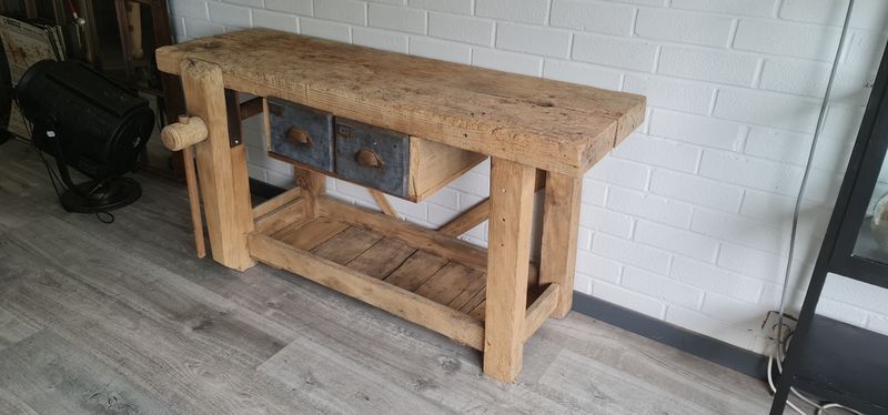 Old carpenter's workbench two drawers, industrial furniture