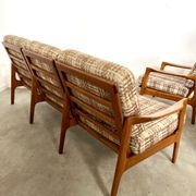 Lot armchairs and sofa 60 years Scandinavian design in vintage blond teak