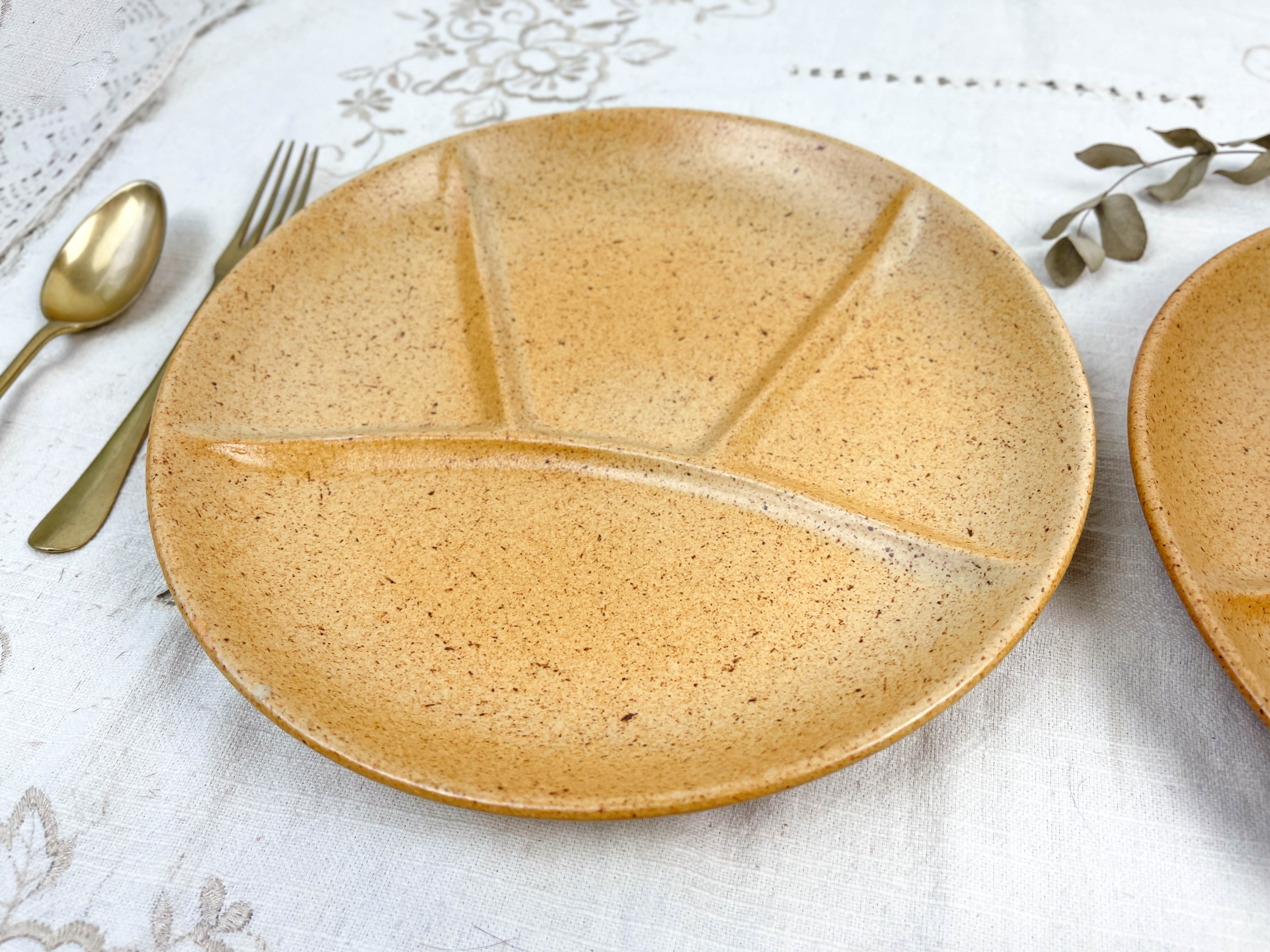 2 amber ceramic fondue plates made in france 1970