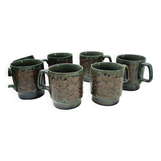 Set of 6 green and bronze mugs