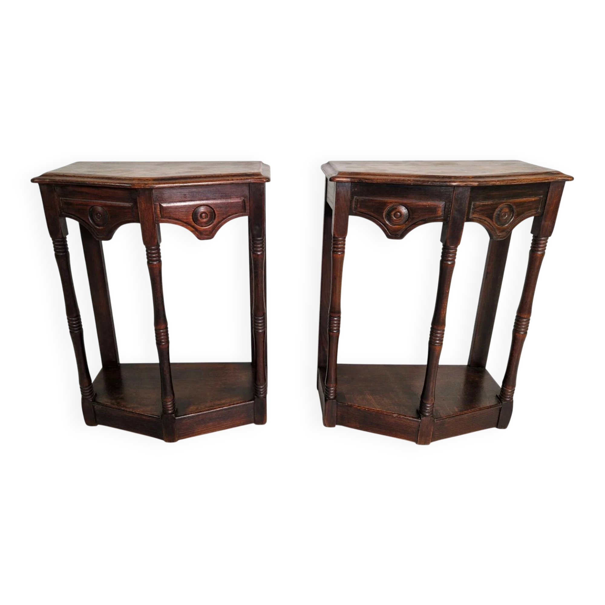 Pair of English 1920s carved oak sidetables