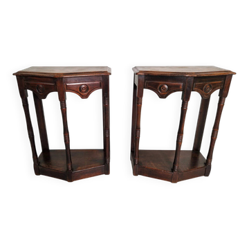 Pair of English 1920s carved oak sidetables
