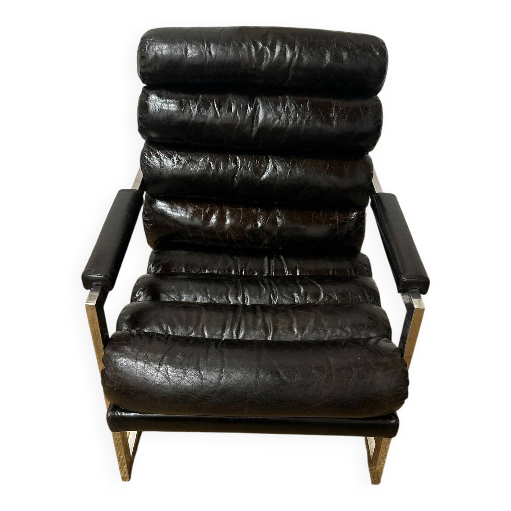 Vintage 1970s black leather armchair – metal frame