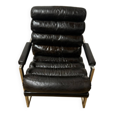 Fauteuil vintage années 70 en cuir noir – structure métal
