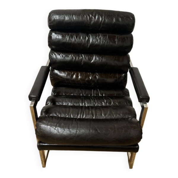 Fauteuil vintage années 70 en cuir noir – structure métal
