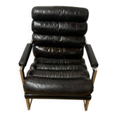 Fauteuil vintage années 70 en cuir noir – structure métal