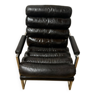 Vintage 1970s black leather armchair – metal frame