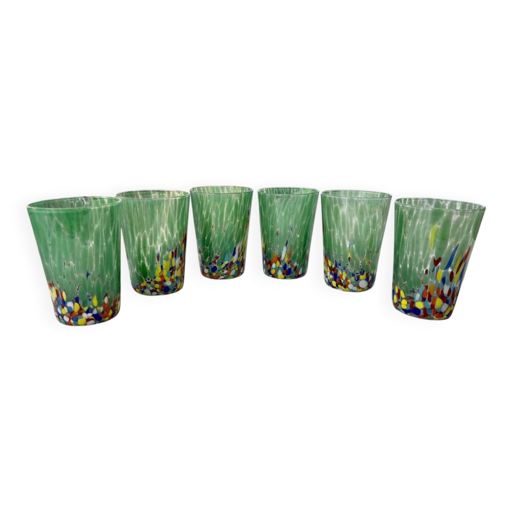 Set of 6 blown glass glasses with coloured Murano granules.
