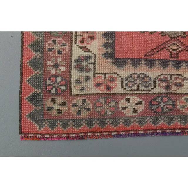 1970s Vintage Turkish Handmade Wool & Cotton Pink Runner Rug 82x359