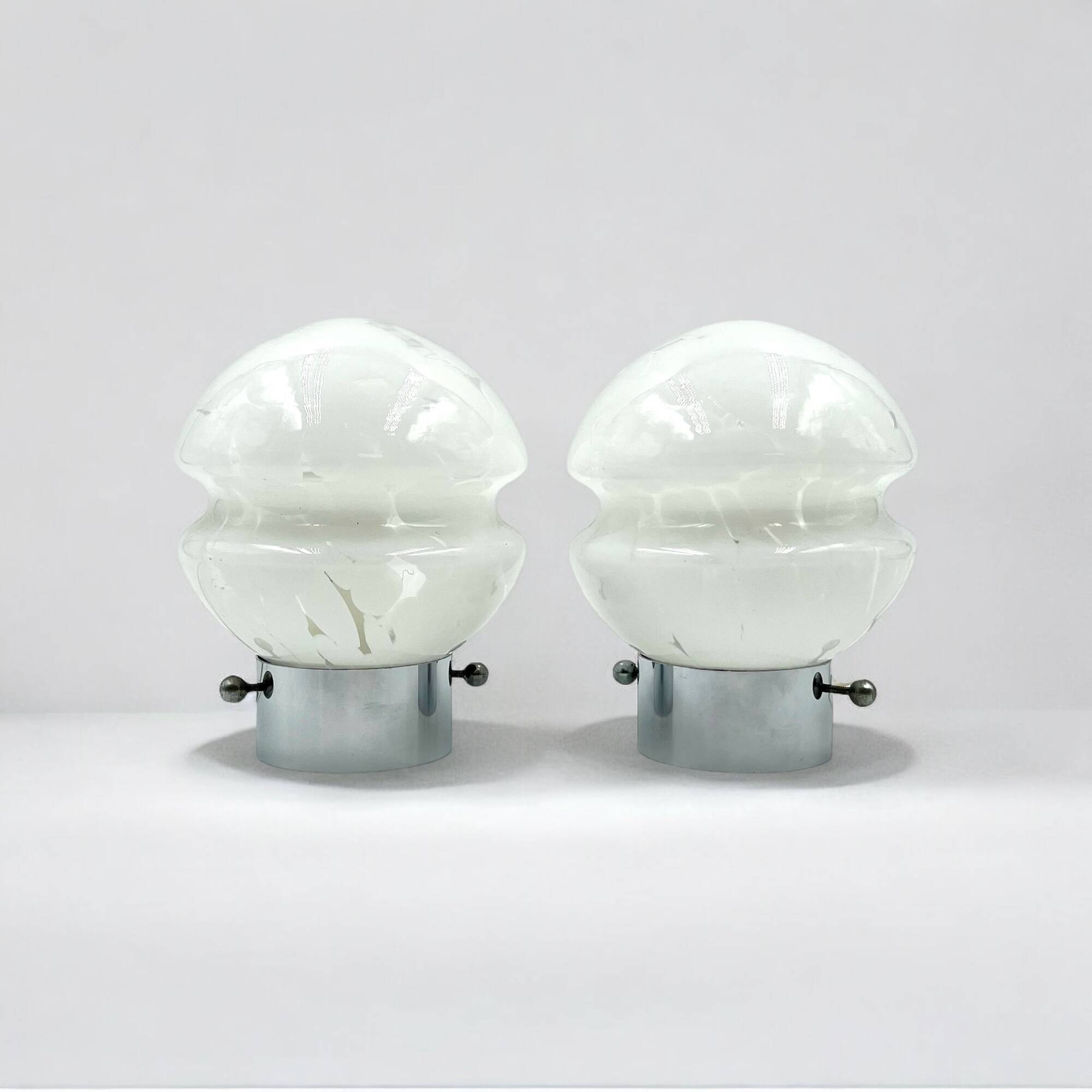 Vintage 70s Glass Table Lamps – White Glass with Metal Stand, Set of 2