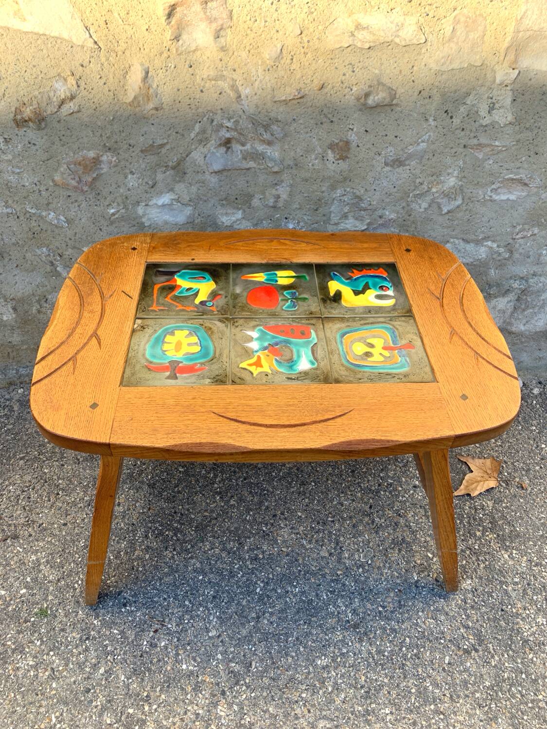 1950s coffee table in oak and ceramic tiles