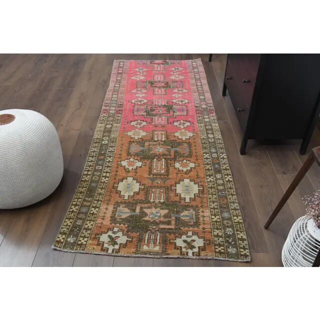 Vintage Turkish Oushak Handmade Wool Cotton Pink Runner Rug 96x242
