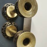 Pair of Hebrew Candlesticks. In antique gold-plated brass. Signed FFS Israel