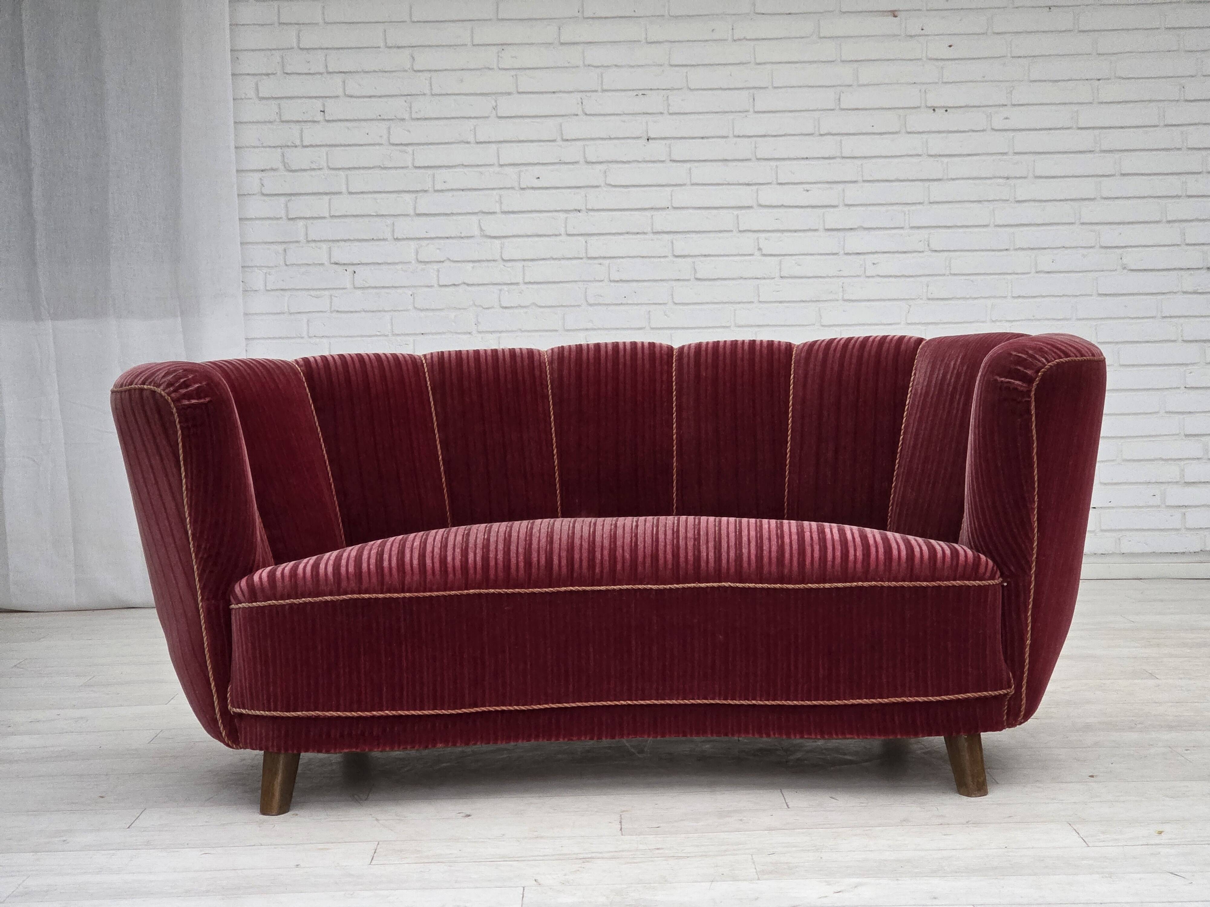 1960s, Danish 2-seater "Banana" sofa, red furniture velour, oak wood.